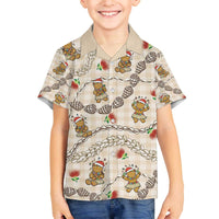 Beige Palaka Hawaii Mele Kalikimaka Family Matching Off The Shoulder Long Sleeve Dress and Hawaiian Shirt Ohia Lehua Shell Leis Funny Gingerbread Santa - Polynesian Pride