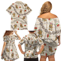 Beige Palaka Hawaii Mele Kalikimaka Family Matching Off Shoulder Short Dress and Hawaiian Shirt Ohia Lehua Shell Leis Funny Gingerbread Santa - Polynesian Pride