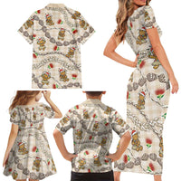 Beige Palaka Hawaii Mele Kalikimaka Family Matching Short Sleeve Bodycon Dress and Hawaiian Shirt Ohia Lehua Shell Leis Funny Gingerbread Santa - Polynesian Pride