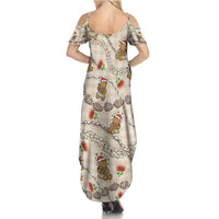 Beige Palaka Hawaii Mele Kalikimaka Family Matching Summer Maxi Dress and Hawaiian Shirt Ohia Lehua Shell Leis Funny Gingerbread Santa - Polynesian Pride