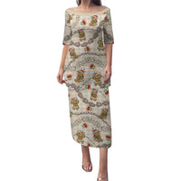 Beige Palaka Hawaii Mele Kalikimaka Puletasi Ohia Lehua Shell Leis Funny Gingerbread Santa LT14 Long Dress Beige - Polynesian Pride