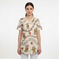 Beige Palaka Hawaii Mele Kalikimaka Scrub Top Ohia Lehua Shell Leis Funny Gingerbread Santa - Polynesian Pride