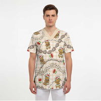 Beige Palaka Hawaii Mele Kalikimaka Scrub Top Ohia Lehua Shell Leis Funny Gingerbread Santa - Polynesian Pride