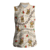 Beige Palaka Hawaii Mele Kalikimaka Women Sleeveless Polo Shirt Ohia Lehua Shell Leis Funny Gingerbread Santa - Polynesian Pride