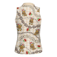 Beige Palaka Hawaii Mele Kalikimaka Women Sleeveless Polo Shirt Ohia Lehua Shell Leis Funny Gingerbread Santa - Polynesian Pride