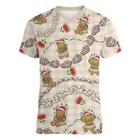 Beige Palaka Hawaii Mele Kalikimaka Women V-Neck T-Shirt Ohia Lehua Shell Leis Funny Gingerbread Santa - Polynesian Pride