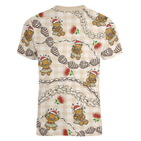 Beige Palaka Hawaii Mele Kalikimaka Women V-Neck T-Shirt Ohia Lehua Shell Leis Funny Gingerbread Santa - Polynesian Pride