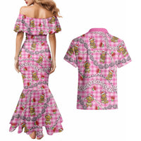 Pink Palaka Hawaii Mele Kalikimaka Couples Matching Mermaid Dress and Hawaiian Shirt Ohia Lehua Shell Leis Funny Gingerbread Santa - Polynesian Pride