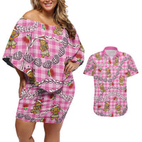 Pink Palaka Hawaii Mele Kalikimaka Couples Matching Off Shoulder Short Dress and Hawaiian Shirt Ohia Lehua Shell Leis Funny Gingerbread Santa - Polynesian Pride