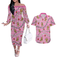 Pink Palaka Hawaii Mele Kalikimaka Couples Matching Off The Shoulder Long Sleeve Dress and Hawaiian Shirt Ohia Lehua Shell Leis Funny Gingerbread Santa - Polynesian Pride