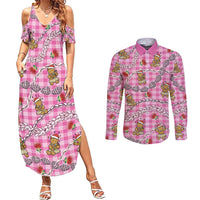 Pink Palaka Hawaii Mele Kalikimaka Couples Matching Summer Maxi Dress and Long Sleeve Button Shirt Ohia Lehua Shell Leis Funny Gingerbread Santa - Polynesian Pride