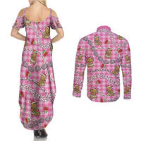Pink Palaka Hawaii Mele Kalikimaka Couples Matching Summer Maxi Dress and Long Sleeve Button Shirt Ohia Lehua Shell Leis Funny Gingerbread Santa - Polynesian Pride