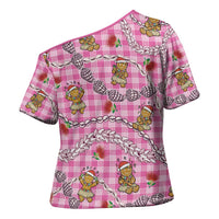 Pink Palaka Hawaii Mele Kalikimaka Cross Shoulder Shirt Ohia Lehua Shell Leis Funny Gingerbread Santa - Polynesian Pride