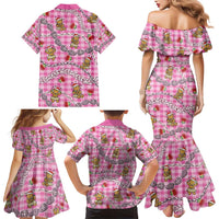 Pink Palaka Hawaii Mele Kalikimaka Family Matching Mermaid Dress and Hawaiian Shirt Ohia Lehua Shell Leis Funny Gingerbread Santa - Polynesian Pride