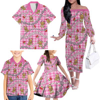 Pink Palaka Hawaii Mele Kalikimaka Family Matching Off The Shoulder Long Sleeve Dress and Hawaiian Shirt Ohia Lehua Shell Leis Funny Gingerbread Santa - Polynesian Pride