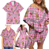 Pink Palaka Hawaii Mele Kalikimaka Family Matching Off Shoulder Short Dress and Hawaiian Shirt Ohia Lehua Shell Leis Funny Gingerbread Santa - Polynesian Pride