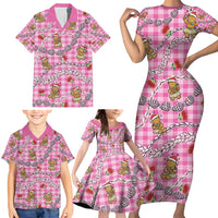 Pink Palaka Hawaii Mele Kalikimaka Family Matching Short Sleeve Bodycon Dress and Hawaiian Shirt Ohia Lehua Shell Leis Funny Gingerbread Santa - Polynesian Pride