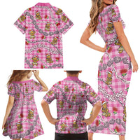 Pink Palaka Hawaii Mele Kalikimaka Family Matching Short Sleeve Bodycon Dress and Hawaiian Shirt Ohia Lehua Shell Leis Funny Gingerbread Santa - Polynesian Pride