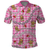 Pink Palaka Hawaii Mele Kalikimaka Polo Shirt Ohia Lehua Shell Leis Funny Gingerbread Santa - Polynesian Pride