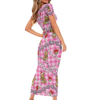 Pink Palaka Hawaii Mele Kalikimaka Short Sleeve Bodycon Dress Ohia Lehua Shell Leis Funny Gingerbread Santa - Polynesian Pride
