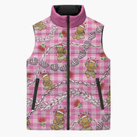 Pink Palaka Hawaii Mele Kalikimaka Sleeveless Puffer Jacket Ohia Lehua Shell Leis Funny Gingerbread Santa - Polynesian Pride