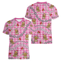 Pink Palaka Hawaii Mele Kalikimaka Women V-Neck T-Shirt Ohia Lehua Shell Leis Funny Gingerbread Santa - Polynesian Pride