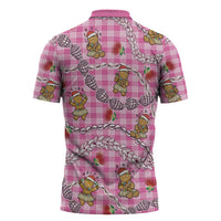Pink Palaka Hawaii Mele Kalikimaka Zipper Polo Shirt Ohia Lehua Shell Leis Funny Gingerbread Santa - Polynesian Pride