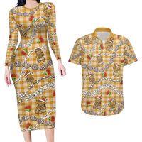 Gold Palaka Hawaii Mele Kalikimaka Couples Matching Long Sleeve Bodycon Dress and Hawaiian Shirt Ohia Lehua Shell Leis Funny Gingerbread Santa - Polynesian Pride
