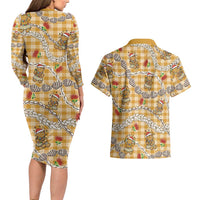 Gold Palaka Hawaii Mele Kalikimaka Couples Matching Long Sleeve Bodycon Dress and Hawaiian Shirt Ohia Lehua Shell Leis Funny Gingerbread Santa - Polynesian Pride