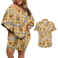 Gold Palaka Hawaii Mele Kalikimaka Couples Matching Off Shoulder Short Dress and Hawaiian Shirt Ohia Lehua Shell Leis Funny Gingerbread Santa - Polynesian Pride