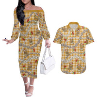 Gold Palaka Hawaii Mele Kalikimaka Couples Matching Off The Shoulder Long Sleeve Dress and Hawaiian Shirt Ohia Lehua Shell Leis Funny Gingerbread Santa - Polynesian Pride