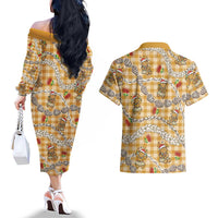Gold Palaka Hawaii Mele Kalikimaka Couples Matching Off The Shoulder Long Sleeve Dress and Hawaiian Shirt Ohia Lehua Shell Leis Funny Gingerbread Santa - Polynesian Pride