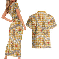 Gold Palaka Hawaii Mele Kalikimaka Couples Matching Short Sleeve Bodycon Dress and Hawaiian Shirt Ohia Lehua Shell Leis Funny Gingerbread Santa - Polynesian Pride