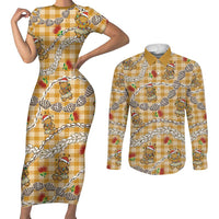 Gold Palaka Hawaii Mele Kalikimaka Couples Matching Short Sleeve Bodycon Dress and Long Sleeve Button Shirt Ohia Lehua Shell Leis Funny Gingerbread Santa - Polynesian Pride