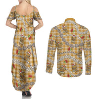 Gold Palaka Hawaii Mele Kalikimaka Couples Matching Summer Maxi Dress and Long Sleeve Button Shirt Ohia Lehua Shell Leis Funny Gingerbread Santa - Polynesian Pride
