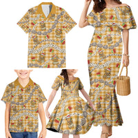 Gold Palaka Hawaii Mele Kalikimaka Family Matching Mermaid Dress and Hawaiian Shirt Ohia Lehua Shell Leis Funny Gingerbread Santa - Polynesian Pride