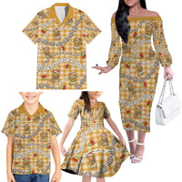 Gold Palaka Hawaii Mele Kalikimaka Family Matching Off The Shoulder Long Sleeve Dress and Hawaiian Shirt Ohia Lehua Shell Leis Funny Gingerbread Santa - Polynesian Pride
