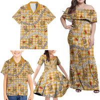 Gold Palaka Hawaii Mele Kalikimaka Family Matching Off Shoulder Maxi Dress and Hawaiian Shirt Ohia Lehua Shell Leis Funny Gingerbread Santa - Polynesian Pride