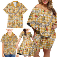 Gold Palaka Hawaii Mele Kalikimaka Family Matching Off Shoulder Short Dress and Hawaiian Shirt Ohia Lehua Shell Leis Funny Gingerbread Santa - Polynesian Pride