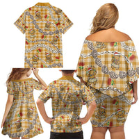 Gold Palaka Hawaii Mele Kalikimaka Family Matching Off Shoulder Short Dress and Hawaiian Shirt Ohia Lehua Shell Leis Funny Gingerbread Santa - Polynesian Pride
