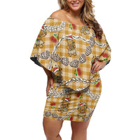 Gold Palaka Hawaii Mele Kalikimaka Family Matching Off Shoulder Short Dress and Hawaiian Shirt Ohia Lehua Shell Leis Funny Gingerbread Santa - Polynesian Pride