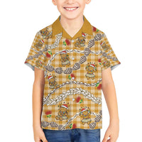 Gold Palaka Hawaii Mele Kalikimaka Family Matching Off Shoulder Short Dress and Hawaiian Shirt Ohia Lehua Shell Leis Funny Gingerbread Santa - Polynesian Pride