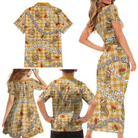 Gold Palaka Hawaii Mele Kalikimaka Family Matching Short Sleeve Bodycon Dress and Hawaiian Shirt Ohia Lehua Shell Leis Funny Gingerbread Santa - Polynesian Pride