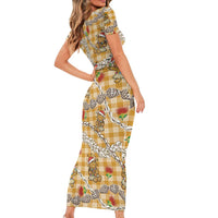 Gold Palaka Hawaii Mele Kalikimaka Family Matching Short Sleeve Bodycon Dress and Hawaiian Shirt Ohia Lehua Shell Leis Funny Gingerbread Santa - Polynesian Pride