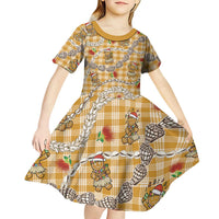 Gold Palaka Hawaii Mele Kalikimaka Kid Short Sleeve Dress Ohia Lehua Shell Leis Funny Gingerbread Santa - Polynesian Pride