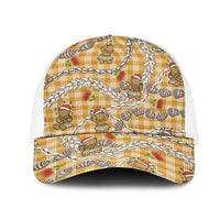 Gold Palaka Hawaii Mele Kalikimaka Mesh Trucker Cap Ohia Lehua Shell Leis Funny Gingerbread Santa LT14 One Size White Gold - Polynesian Pride