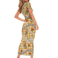 Gold Palaka Hawaii Mele Kalikimaka Short Sleeve Bodycon Dress Ohia Lehua Shell Leis Funny Gingerbread Santa - Polynesian Pride