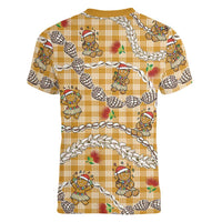Gold Palaka Hawaii Mele Kalikimaka Women V-Neck T-Shirt Ohia Lehua Shell Leis Funny Gingerbread Santa - Polynesian Pride