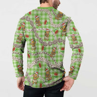 Green Palaka Hawaii Mele Kalikimaka Button Sweatshirt Ohia Lehua Shell Leis Funny Gingerbread Santa LT14 - Polynesian Pride