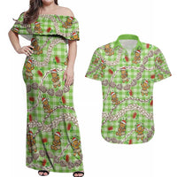 Green Palaka Hawaii Mele Kalikimaka Couples Matching Off Shoulder Maxi Dress and Hawaiian Shirt Ohia Lehua Shell Leis Funny Gingerbread Santa - Polynesian Pride